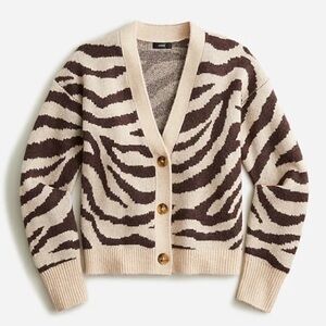 J CREW Cardigan Sweater Wool Alpaca Button Up Zebra Print Brown Tan Size XL